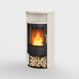 Wood stove BANDO clad in cream-coloured natural stone "Porto"
