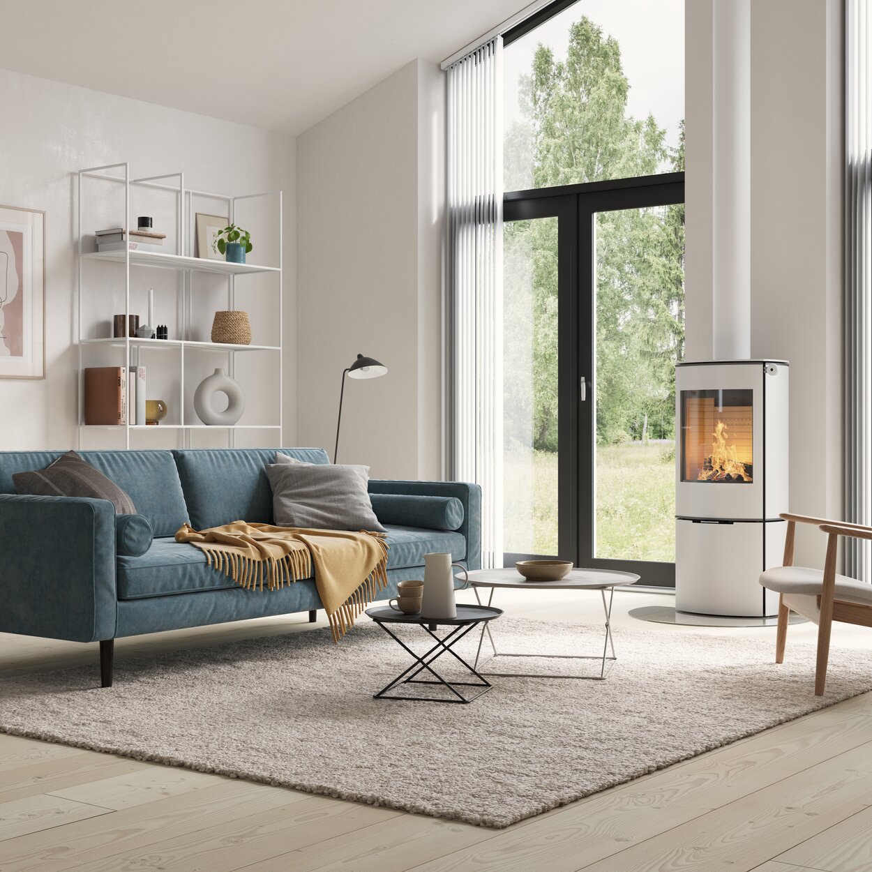 Wood stove CARO 110 in white with steel door in a modern, bright living atmosphere