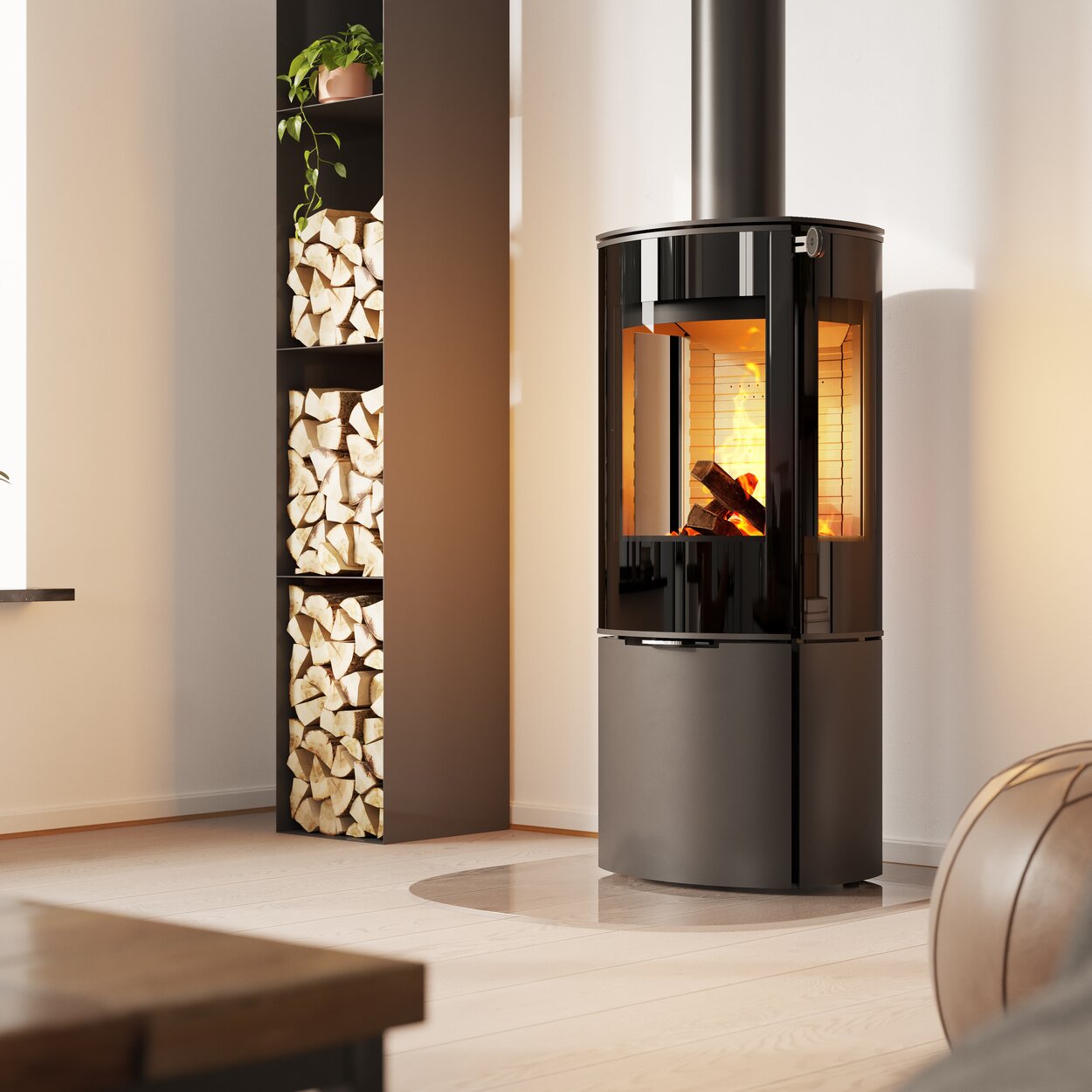 Wood stove CARO 110 in black with glass door and side window