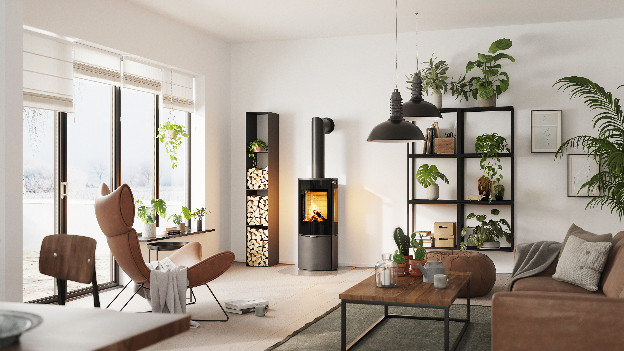 Wood stove CARO 110 in black with glass door and side window in a living room
