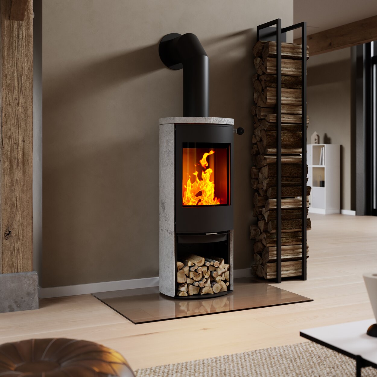 Wood stove CARO 120 with steel door in black and soapstone cladding