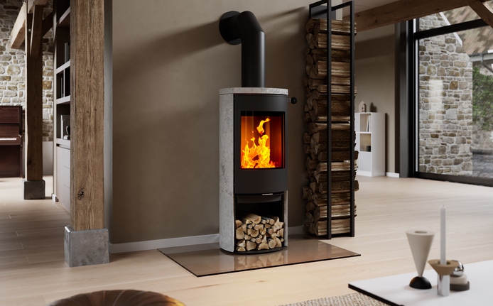 Wood stove CARO 120 with steel door in black and soapstone cladding