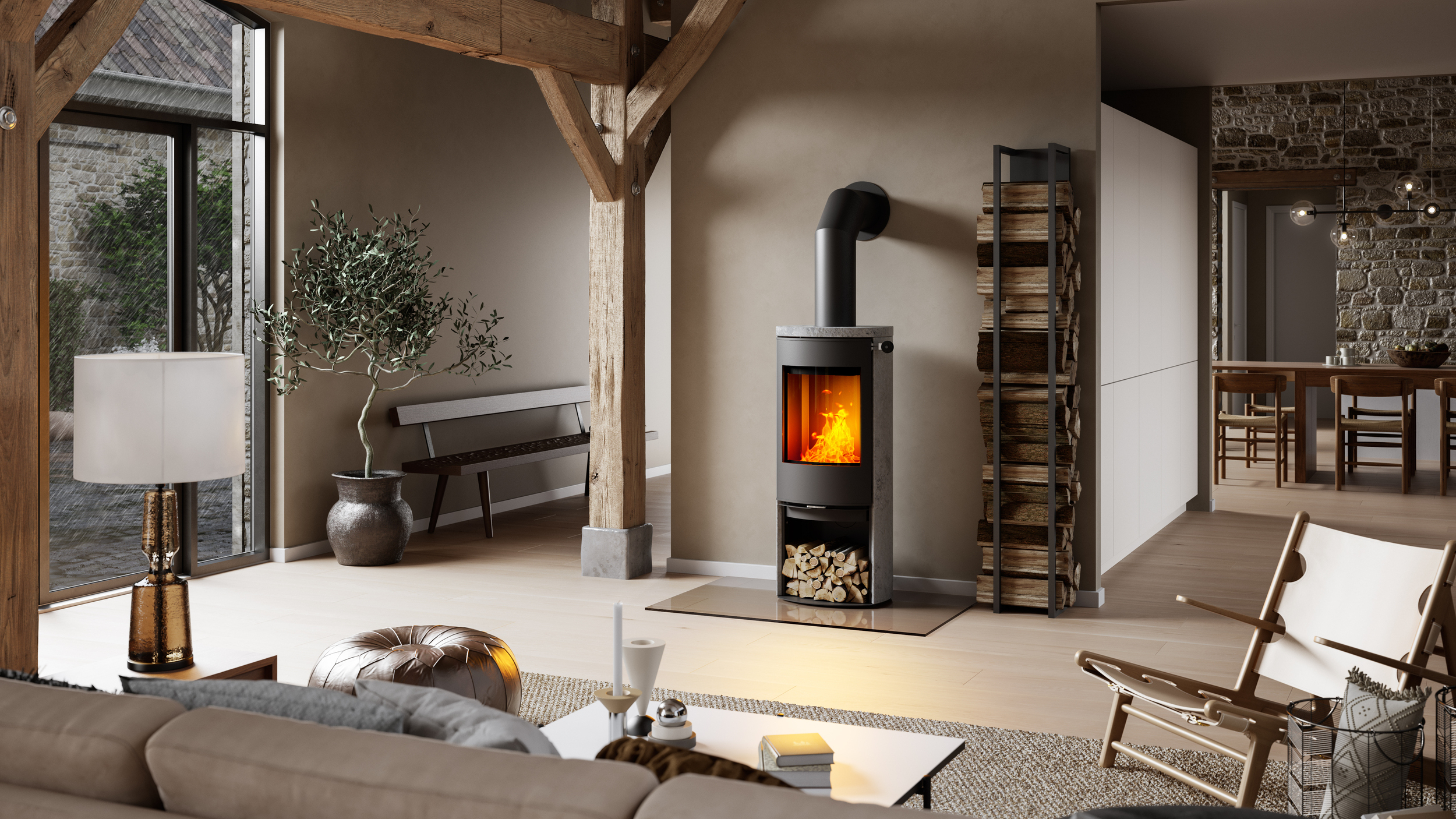 Wood stove CARO 120  with soapstone cladding in a rustic house