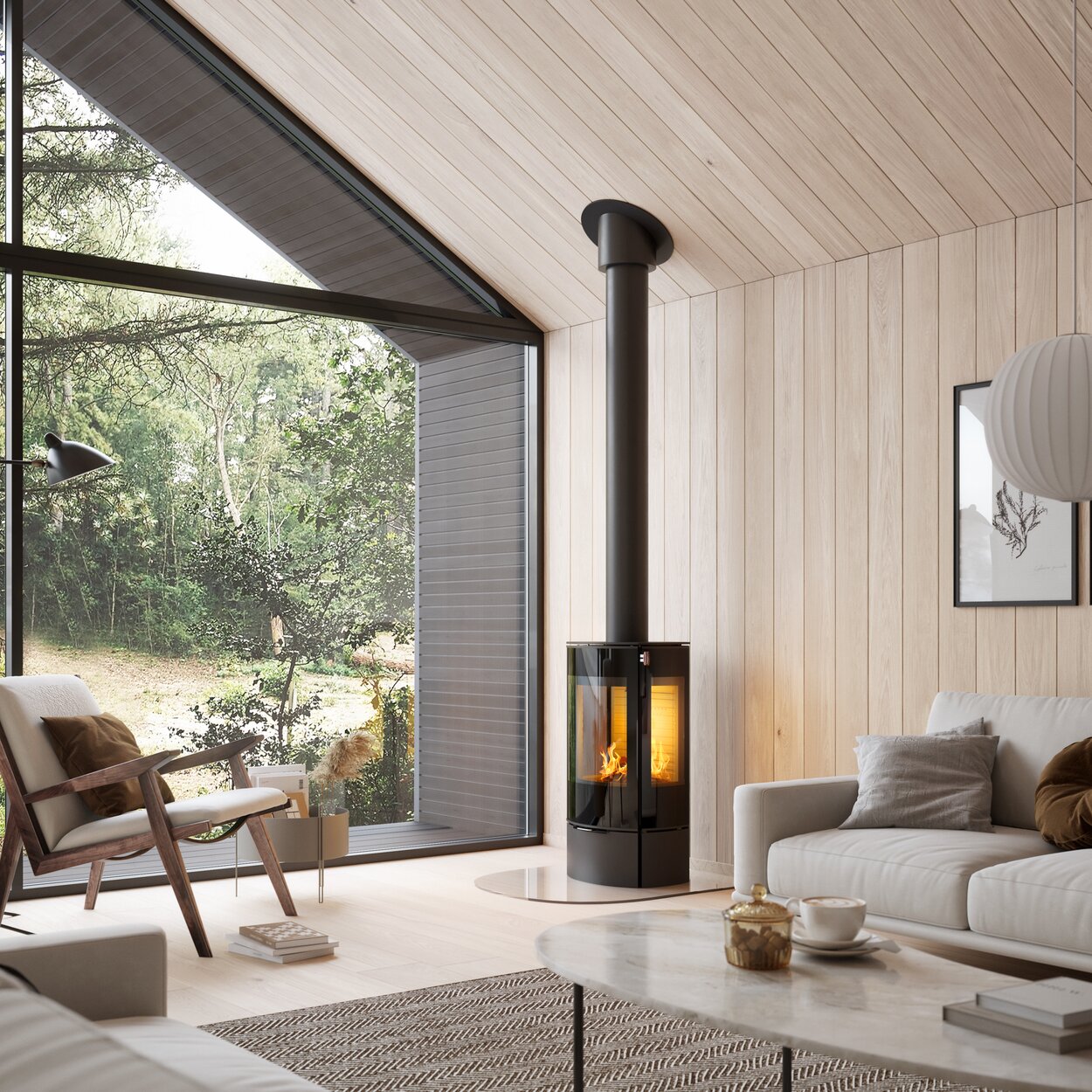 Wood stove CARO 90 in black with glass door and side window in a natural living room beige colour 
