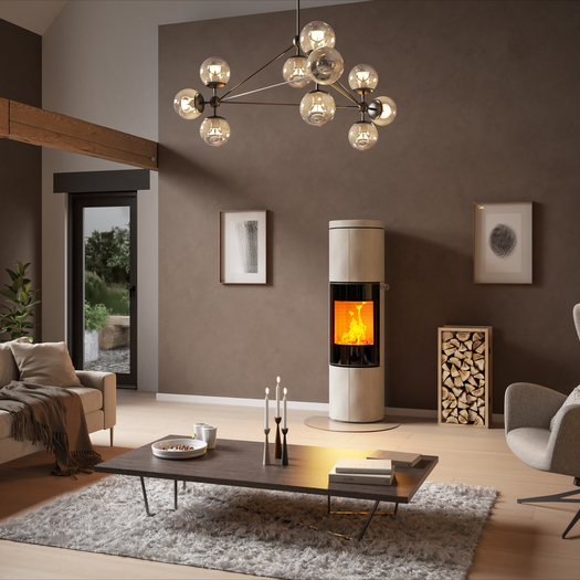 Wood stove JUNO 166 L with natural stone Porto cladding and glass door in a large living room in earthy colours