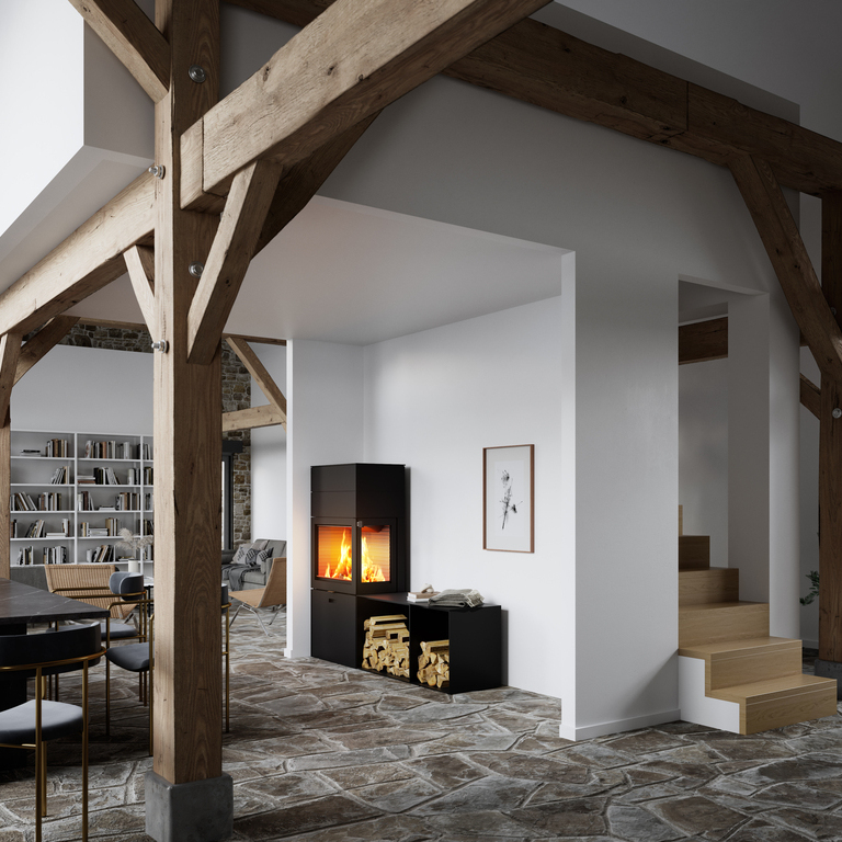 Wood stove MAX 600/150 in black with one side window and two side benches as a corner model in an open, spacious dining room