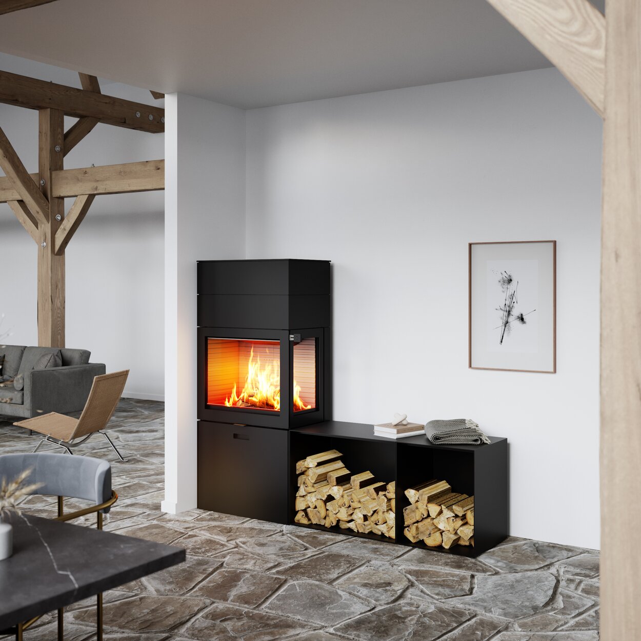 Wood stove MAX 600/150 in black with one side window and two side benches as a corner model in the dining room