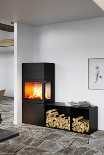 Wood stove MAX 600/150 in black with one side window and two side benches as a corner model in the dining room