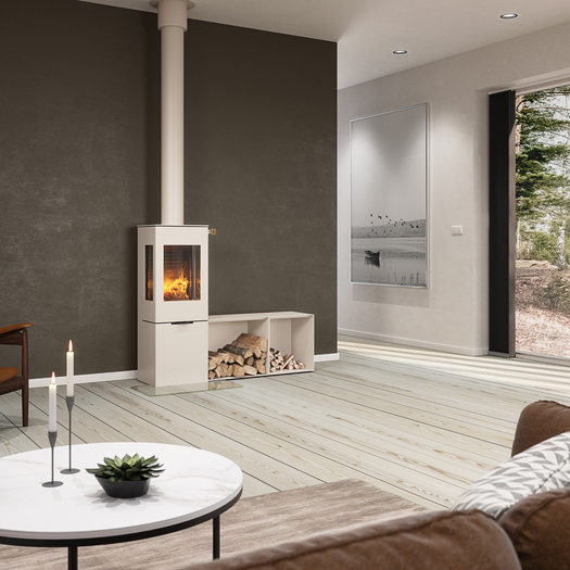 Wood stove NEXO 120 in the colour sand with steel door and side windows as well as side benches in front of a brown wall