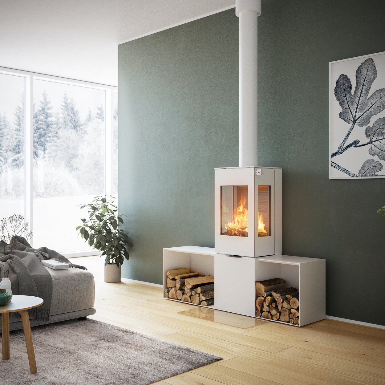 Wood stove NEXO 120 in white with steel door, two side windows and two side benches in front of a green wall in a decorative living area