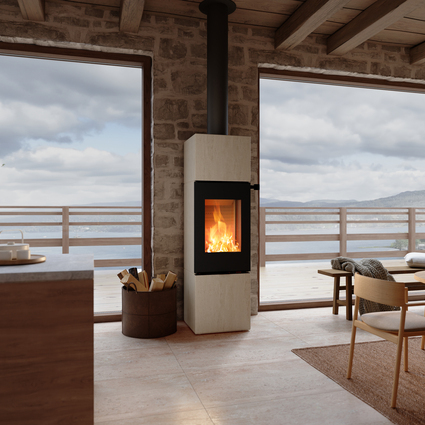 Holz Kaminofen NEXO 160 Porto in der Farbe Schwarz im Wohnraum mit einer Steinwand