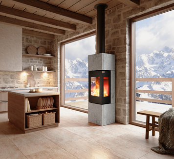 Poêle à bois NEXO 160 Pierre ollaire de couleur noire dans le salon avec montagnes