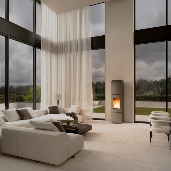OPAL wood stove in platinum in a luxurious living room