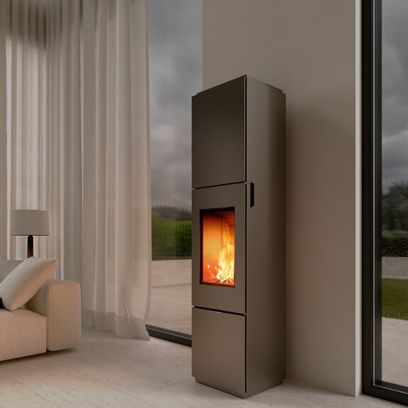 OPAL wood stove in platinum in a modern living room