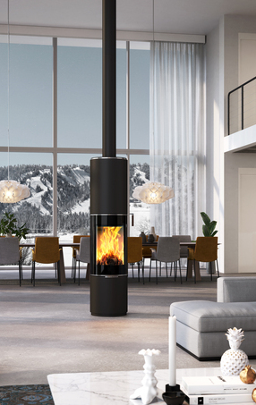 Wood stove PILAR in black with glass door as a rotating, round stove in the centre of a huge living room