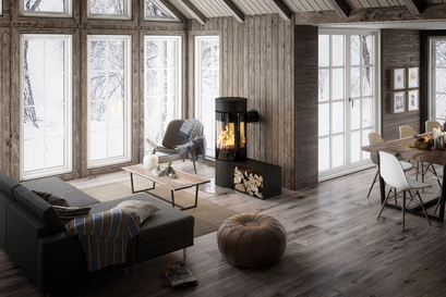 Holz-Kaminofen VIVA 120 L in Schwarz mit Seitenbank in einem modernen Holzhaus im Wald
