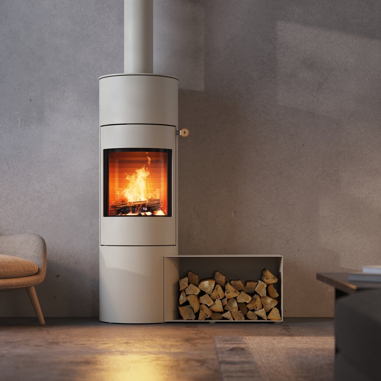 Wood stove VIVA 140 L in the colour sand with steel door and side bench