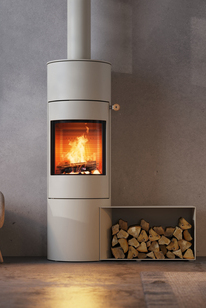 Wood stove VIVA 140 L in the colour sand with steel door and side bench
