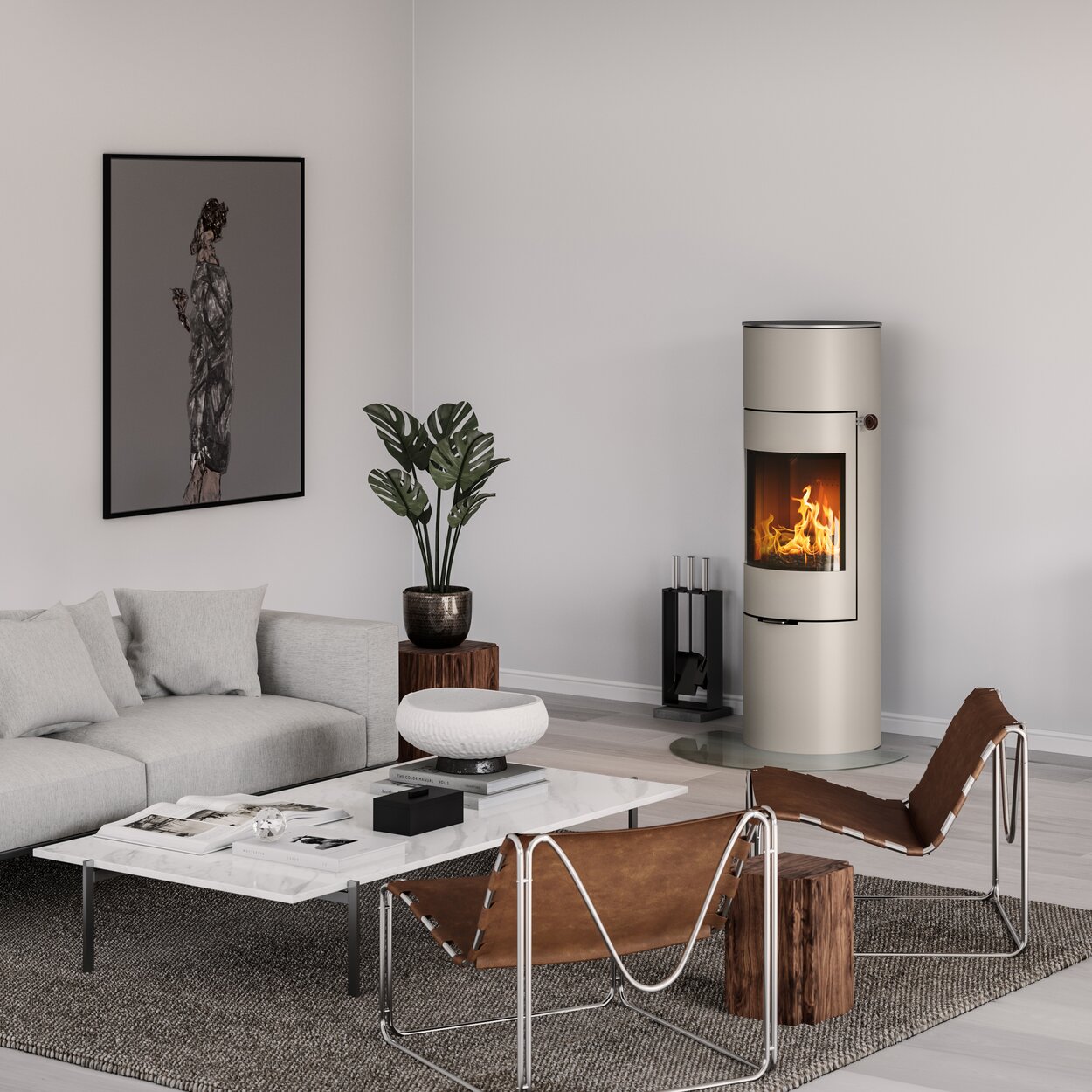 Wood stove VIVA 140 L in nickel with steel door in a modern living room