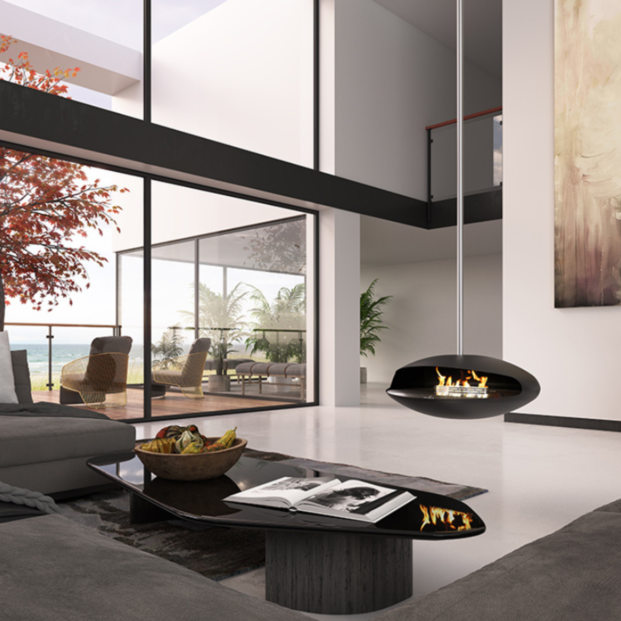 Espoo-Ceiling bioethanol fireplaces in a modern, luxurious living room