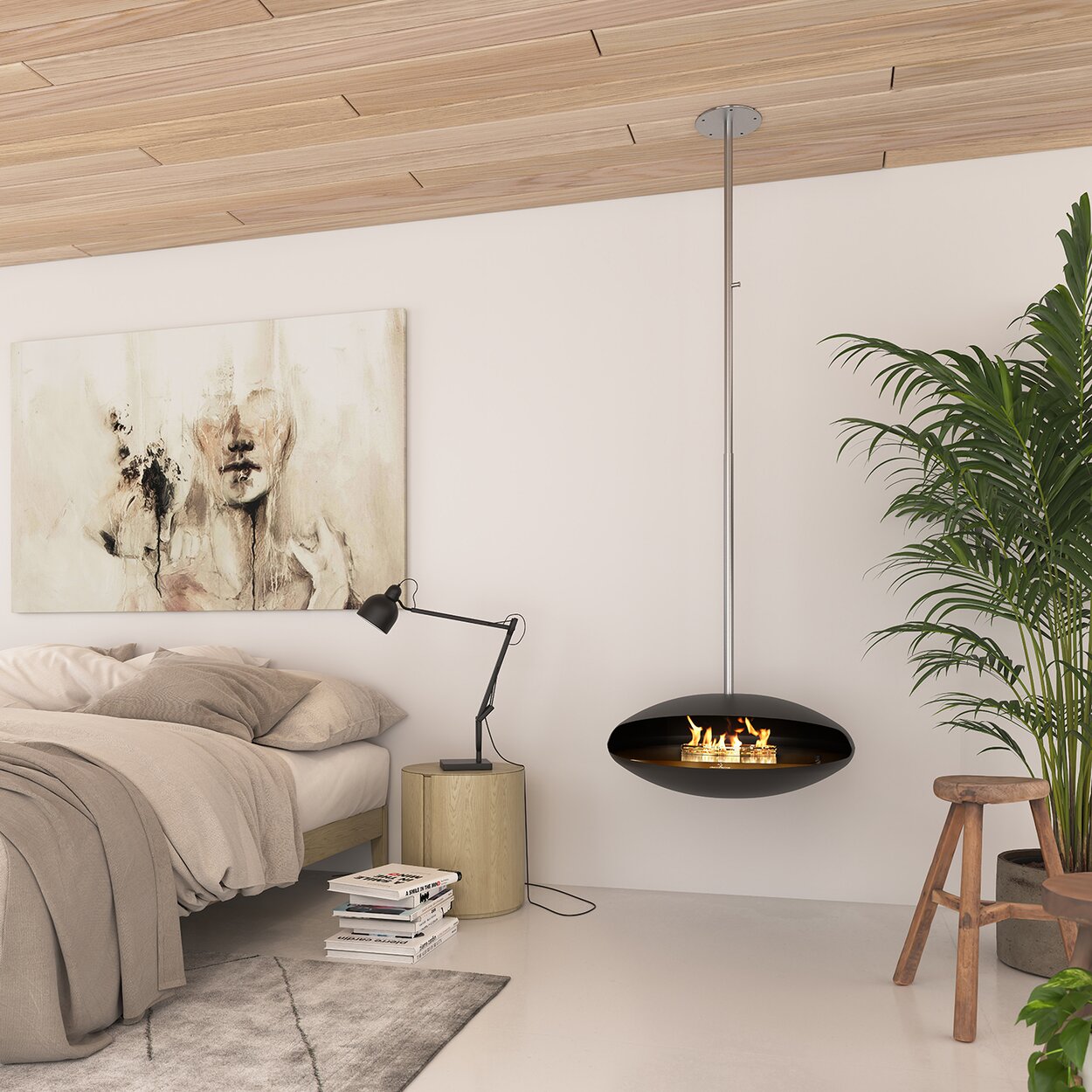 Espoo-Ceiling bioethanol fireplaces in the bedroom