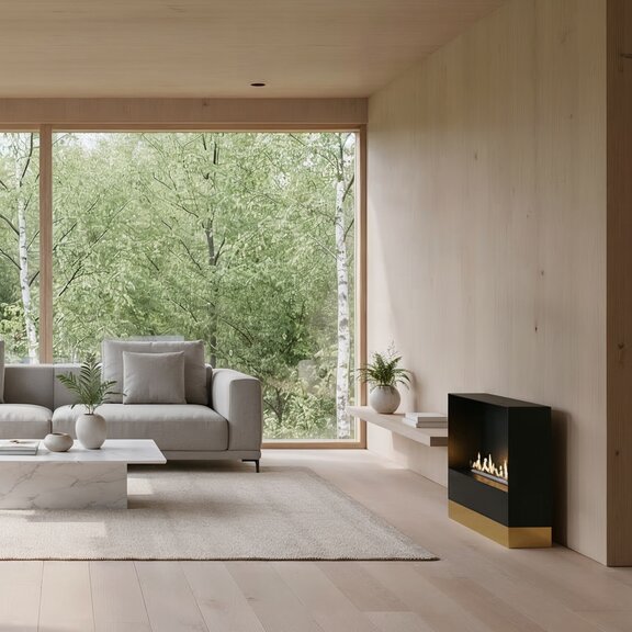 Bioethanol Feuerstelle Milan freistehend mit schwarzer Frontblende und geschlossenem Sockel in gold