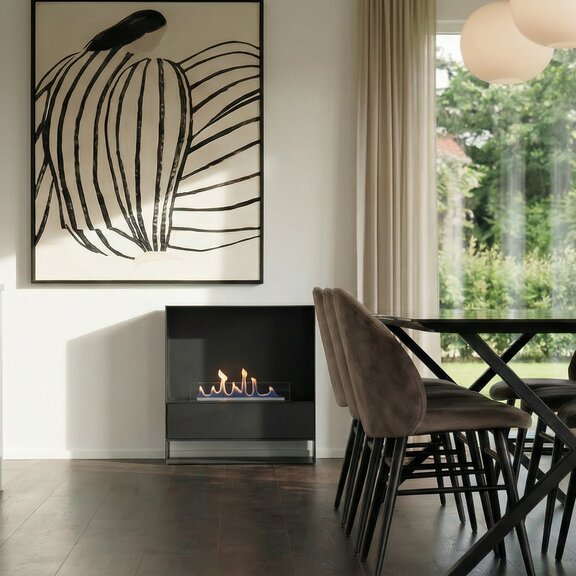 Milan freestanding Bioethanol fireplace with black front panel and base unit in the dining room against a white wall