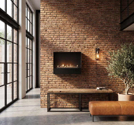 Bioethanol Feuerstelle Milan mit schwarzer Frontblende wandmontiert an Steinwand im urbanen Loft