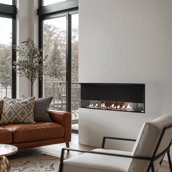 Montreal con 2 lati, installato sul lato sinistro con rivestimento bianco nel soggiorno con divano in pelle marrone e poltrona moderna