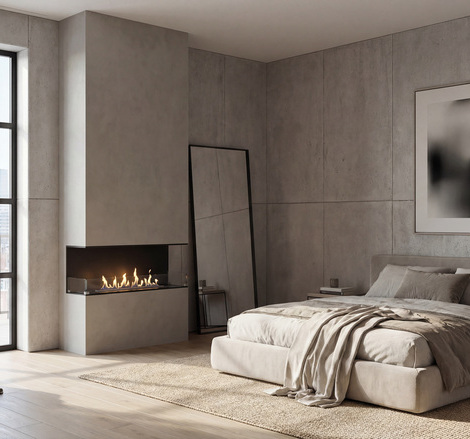 Montreal intégré sur 3 côtés dans une grande chambre moderne avec un mur en béton et un parquet