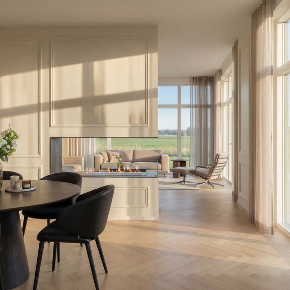 Montreal room divider fitted into white panelling with a textured finish between the living room and dining room; a light, airy interior style bathed in the evening sun