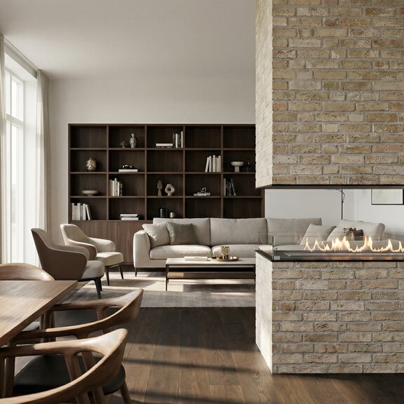 Montreal room divider fitted into a beige stone wall in the living room, featuring a wall unit in dark brown wood, sofas and armchairs
