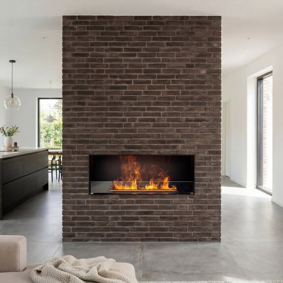 Fuoco elettrico Hybrid Mist Fronte rivestimento in pietra cucina
