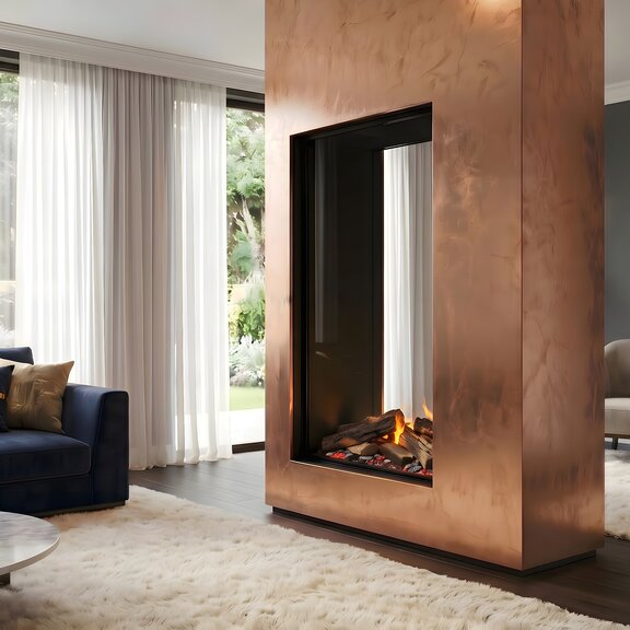 Camino elettrico e-MatriX 800/1600 tunnel con cornice in rame chiaro in un salotto con divano blu e tappeto beige