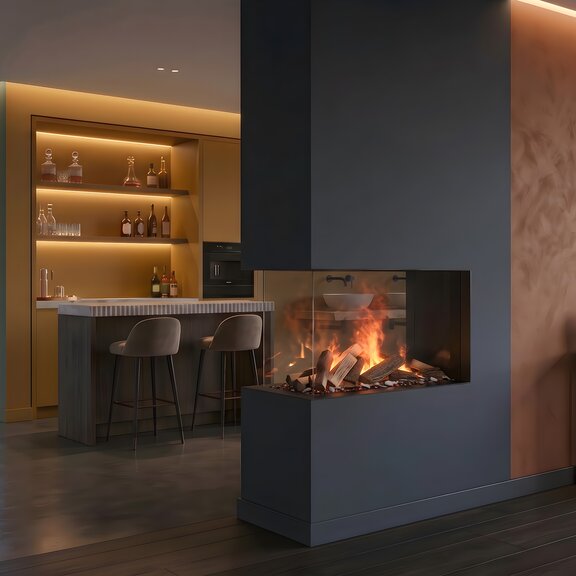 Camino elettrico e-MatriX 800/500 integrato in un divisorio per ambienti con rivestimento nero nel soggiorno con angolo bar e illuminazione indiretta