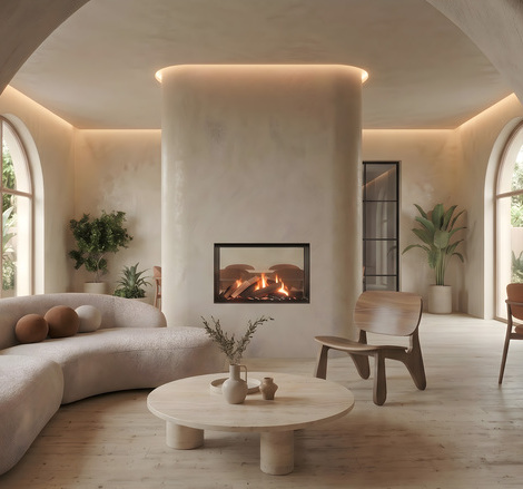 Electric Fireplace e-MatriX 800/500 tunnel built into a stone wall in a modern living room with beige décor and plants