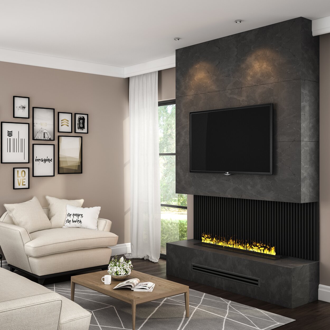 Electric fire Cassette 1000 from Dimplex in a cosy living room built into a black wall