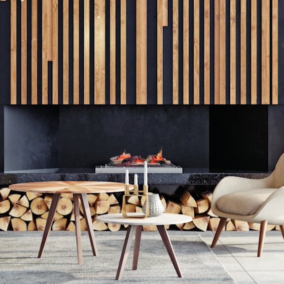 Foyers électriques Cassette 600 LED avec support à bois dans un buffet moderne en bois clair