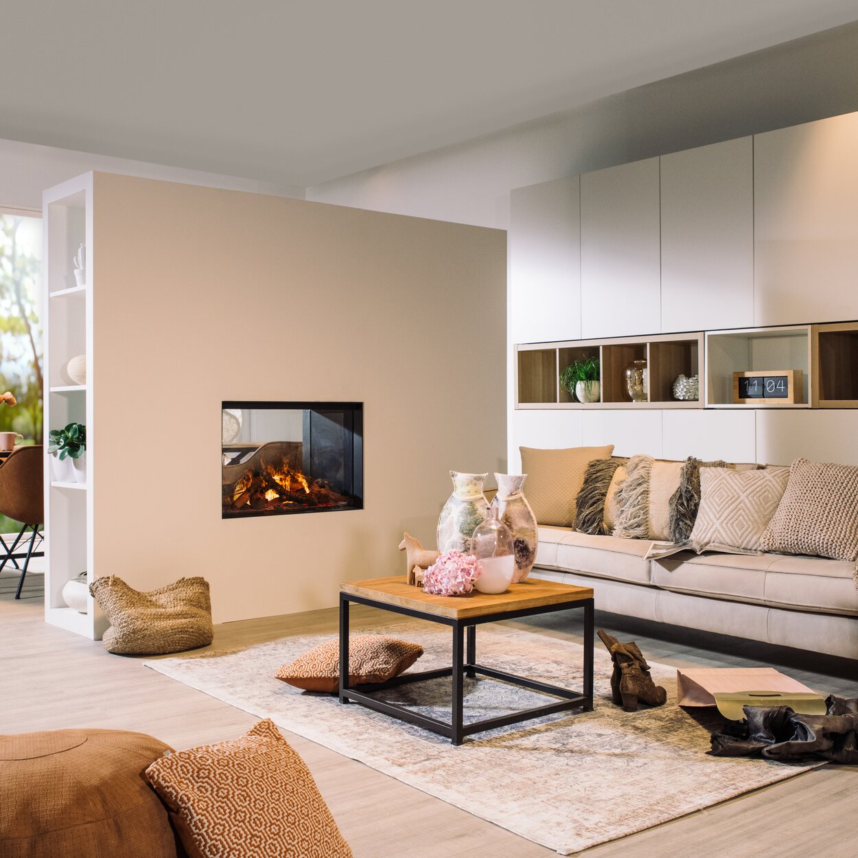 e-Matrix Mood 800/500 Tunnel electric fireplace in a bright and cosy living room with sofa