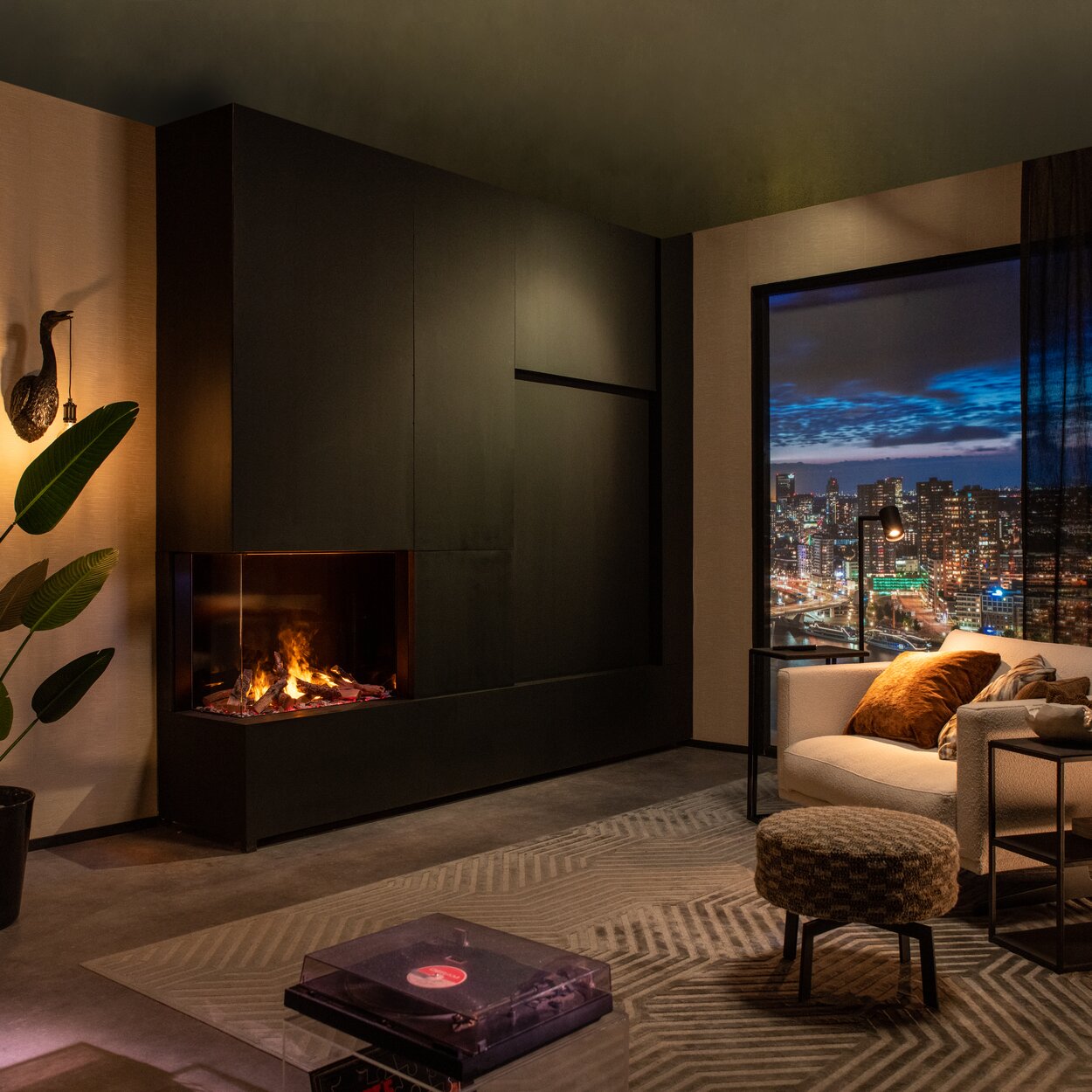 Electric fireplace e-Matrix 800/650 corner version installed on a dark wall in a modern city flat