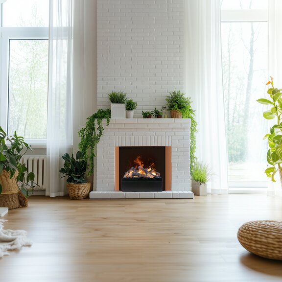 Juneau Multi fitted into a white fireplace in the living room