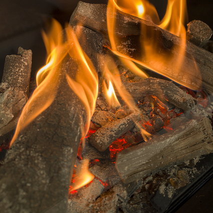 De belles flammes de gaz et d'authentiques bûches, y compris les braises, dans la cheminée à gaz MatriX 800/650 Face