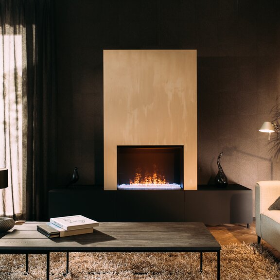 e-Matrix Mood 800/500 electric fireplace front in an elegant living room with dark colours