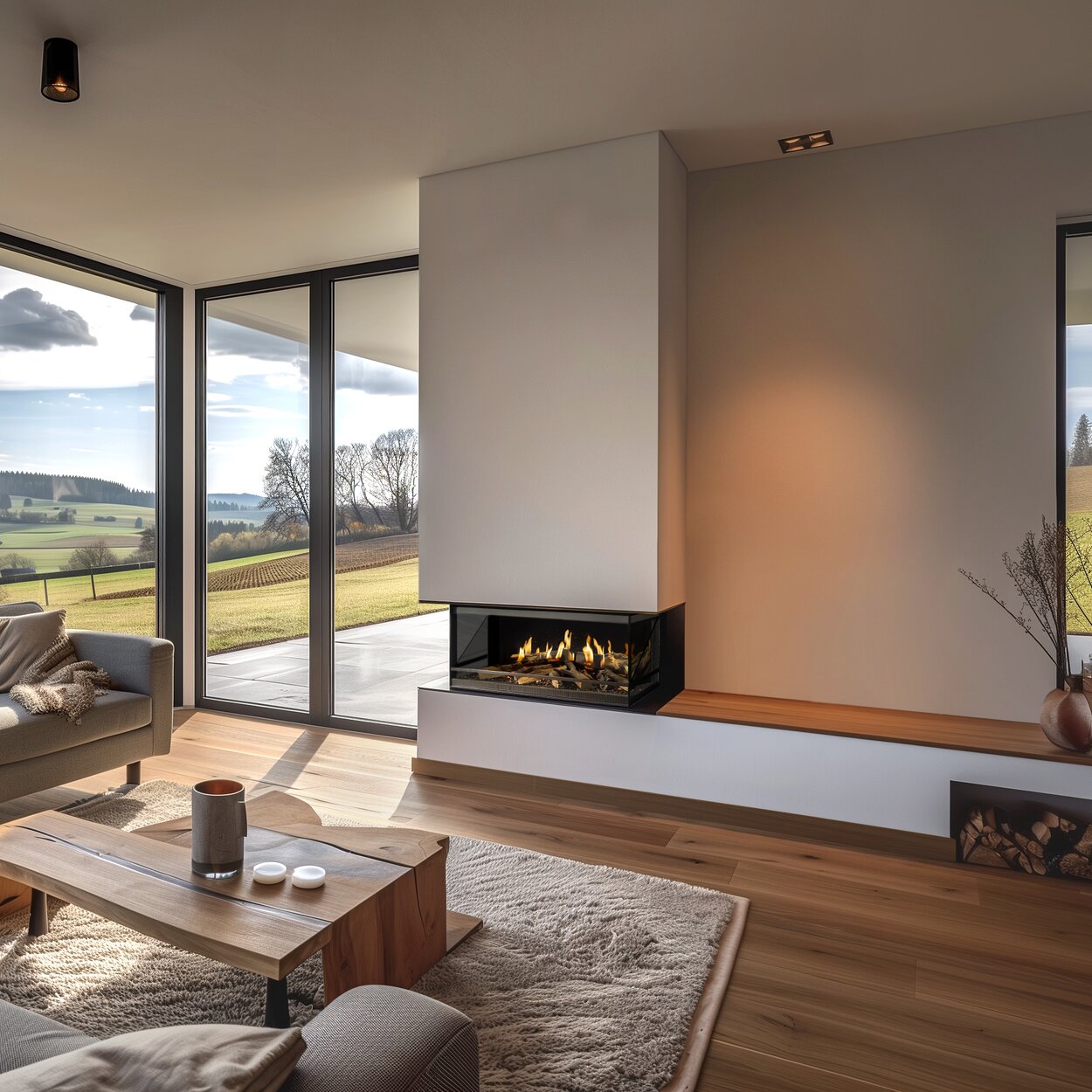 The E-One 100 3-sided electric fireplace in a modern living room with wooden elements and large windows.