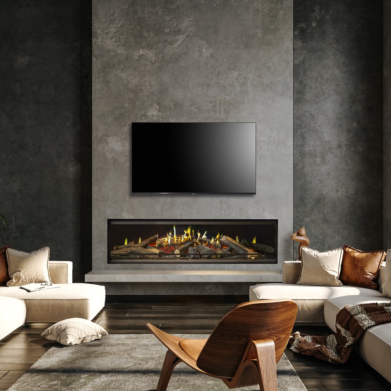 The E-One 160 F electric front fireplace in an urban loft installed on a concrete wall in the living room. 