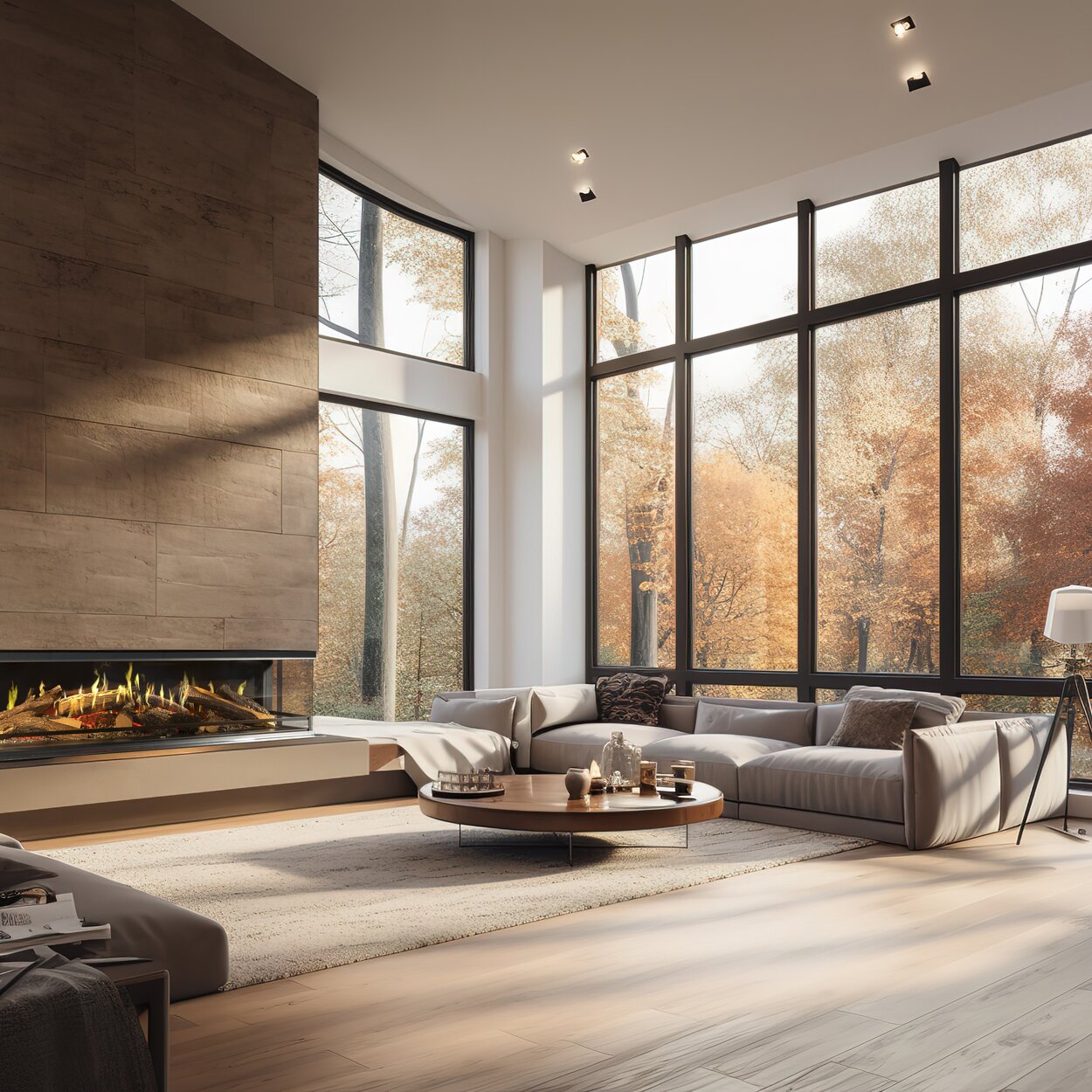 The E-One 190 S electric fireplace in a modern loft with large windows, wooden floor and built into a stone element.