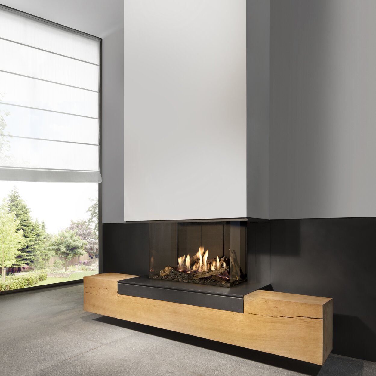 Gas fireplace G70/44S 3-sided glazed on wooden base with white panelling and dark rear wall