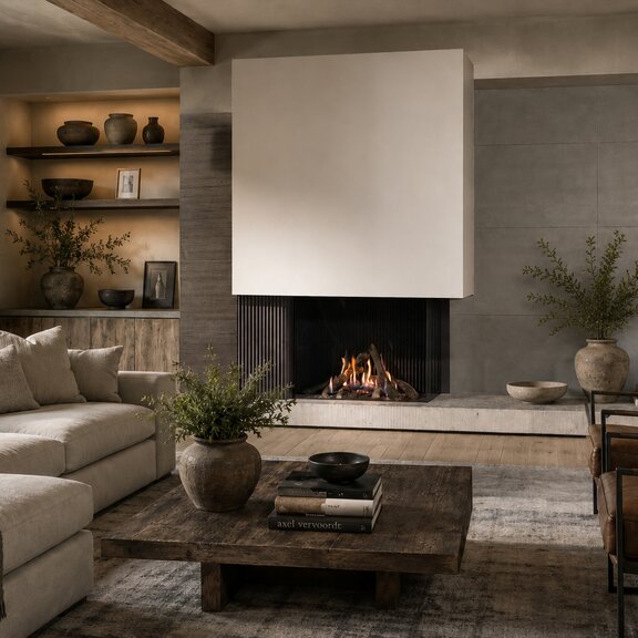 Gas fireplace Gi110/75C in a living room with rustic décor, a concrete wall, a leather armchair and a beige sofa