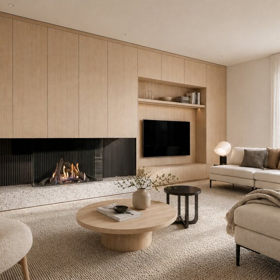Cheminée à gaz Gi115/75S dans un salon doté d'un mur en bois beige, d'un ensemble de canapés et d'un tapis beige