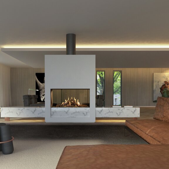 Gas fireplace GP110/59T tunnel built into a white partition wall on a marble plinth in a modern living room with leather sofa